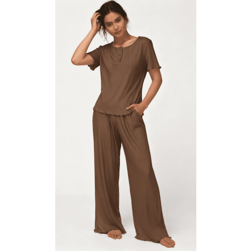 Loritta Womens Pajamas Knit Long Pants Lounge Sets 2 Piece For Women Fall Brown M