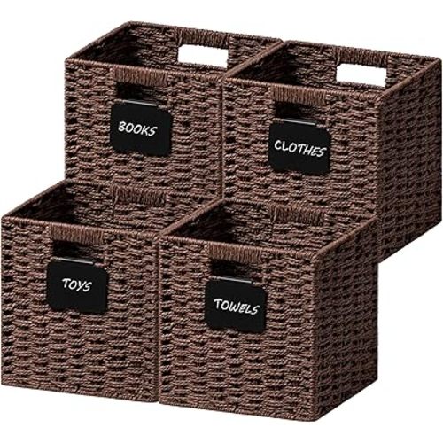 UBBCARE 4 Pack Small Wicker Basket, 9×9 Storage Cubes with Label, Foldable Cube Storage Bin with Handle, Square Storage Basket for Shelves, Woven Paper Rope Basket for Organizing, Dark Brown