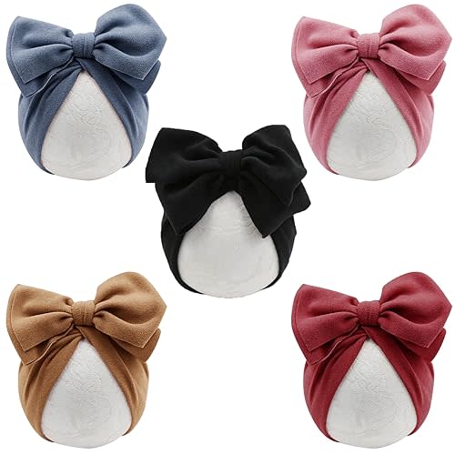 DRESHOW BQUBO 5 PCS Baby Cotton Hats Big Bow Knotted Headwrap Turban Baby Infant Beanie Baby Girl Soft Toddler Cap for Winter