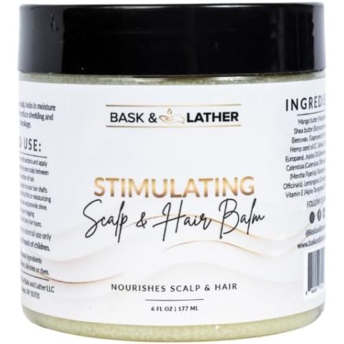 Bask & Lather Stimulating Scalp and Hair Balm for Hair Growth, Mango & Shea Butter, Nourishing Jojoba Oil, Peppermint & Rosemary Oil, Vitamin E, Scalp Care, Hair Care, Moisture, Shine & Strength, 6 oz