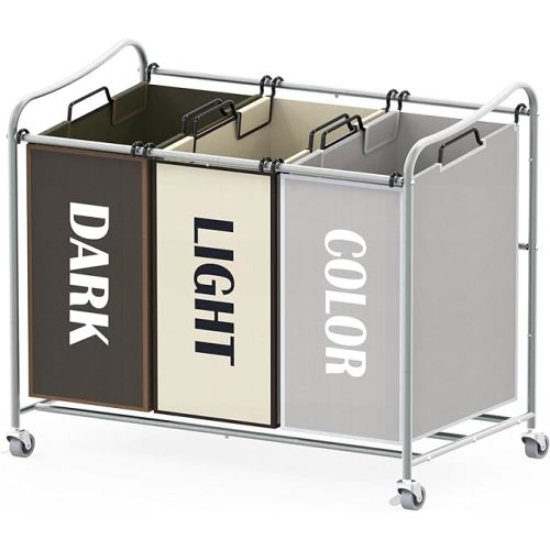 Simple Houseware Heavy Duty 3-Bag Laundry Sorter Rolling Cart, Dark Grey – Durable Triple Laundry Hamper with Removable Bags and Lockable Wheels for Efficient Laundry Organization