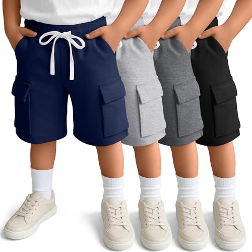 Halfchet 4 Pack Toddler Boys Pull-On Cargo Athletic Shorts | Elastic Waist Shorts with Pockets, Baby Boy's Soft School Uniform, Kids Summer Casual Outfits, for Soccer Running Volleyball