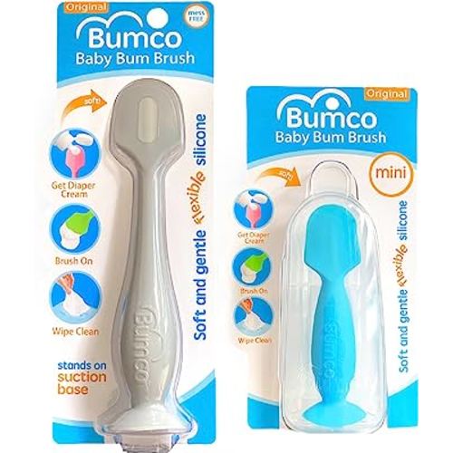 Bumco Baby Bum Brush + Mini Baby Diaper Cream Spatula with Case - BPA-Free Silicone Diaper Spatula with Suction Cup, Wipe-Clean, Mom-Invented Butt Paste Applicator (Gray & Blue)