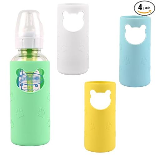 4 Pack Silicone Sleeves for Dr Brown's Glass Baby Bottles, Anti Breakage Baby Bottle Holder, Compatible Dr. Brown's Natural Narrow Glass Baby Bottles 8 oz, BPA Free (White+Blue+Green+Yellow)