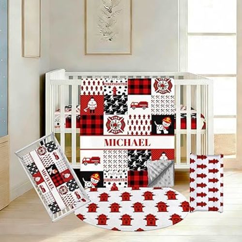 Personalized Baby Boy Crib Bedding Set, Custom Name Firefighters Nursery Bedding, 3 Piece Set with Dotted Minky Blanket, Fitted Crib Sheet and Changing Pad Cover for Newborns and Toddlers
