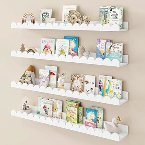 Fun Memories 32 Inch White Floating Shelf, Scalloped Picture Ledge for Nursery, Set of 4, Wall Mounted Book Shelves for Kids Room, Toddler Room