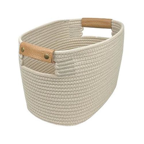 Belle Maison Medium Oval Rope Bin with Leather Handle