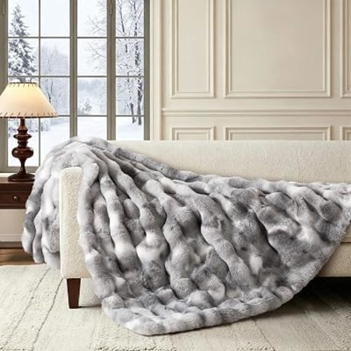 WDCOZY Luxury Bubble Throw Blanket, Faux Rabbit Fur Mink Plush Throw for Couch, Sofa and Bed, Soft Thick and Warm for Women, 50x60 inches, Tie-Dye Light Grey, 950 GSM