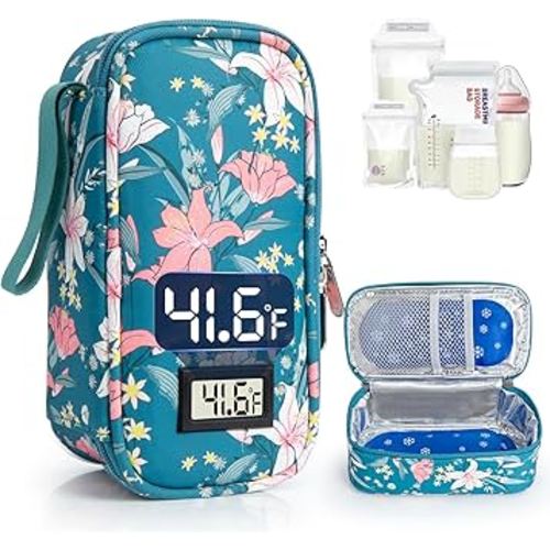 Breast Milk Cooler Travel Bag, Real-Time Temperature Display, Holds 4-6 Breastmilk Storage Bag with 2 Breast Milk Ice Pack, Cooling & Waterproof Portable Cooler for Moms on The Go (Lily)
