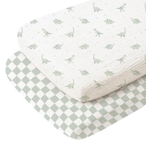 Konssy 2 Pack Muslin Bassinet Sheets for Baby Boy, 100% Cotton Soft Breathable Bassinet Mattress Sheets Fit for Hourglass Oval Cradle Rectangle Mattress (Green Dino,Baby Green Plaid)