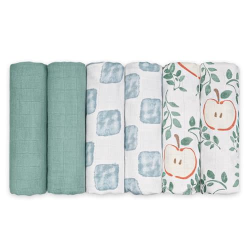 GLLQUEN BABY Receiving Blanket Boy Cotton Muslin Swaddle Blankets Girl Newborn Squares Breathable & Soft Thin Baby Blankets Cloths Double Absorbent Infant Swaddling Wrap - 6 Pack (Apple Paradise)