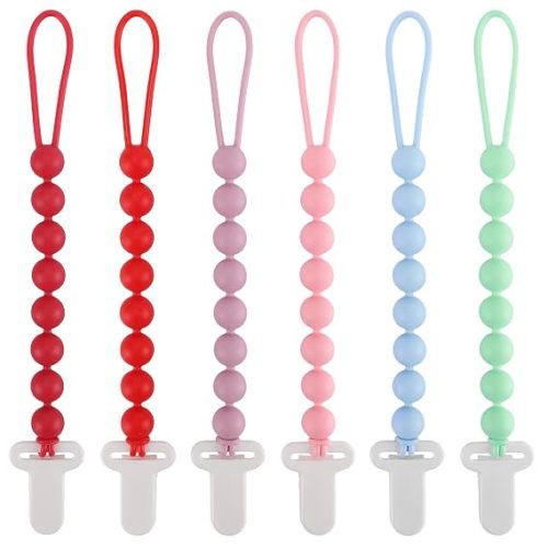 6-Pack Silicone Pacifier Clips for Babies, Safe Teething Beads, Rust-Free Holders, Baby Boy and Girl Essentials, Newborn Must-Have Accessories