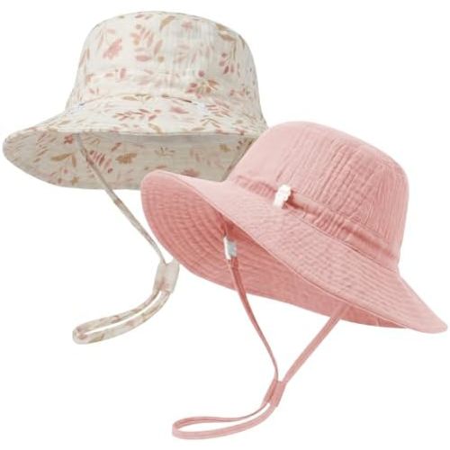 Play Tailor 2 Pack Newborn Baby Sun Hat Breathable Muslin Cotton Infant Bucket Cap Adjustable Wide Brim Summer Beach 0-9M