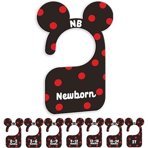 JMOST Baby Closet Dividers for Nursery Closet Organizer, Newborn to 24 Months Size Clothes, Cute Black Red Hangers with Size Dividers, Double Sided