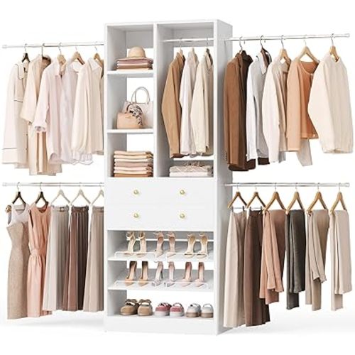 Besiost Closet System, 4.2–8.8 FT Closet Organizer with 2 Wooden Drawers and Shelves, Walk-in Closet System with 5 Hang Rods, Built-in Reach in Closet Tower, Can Fit 60 to 96 inch, White