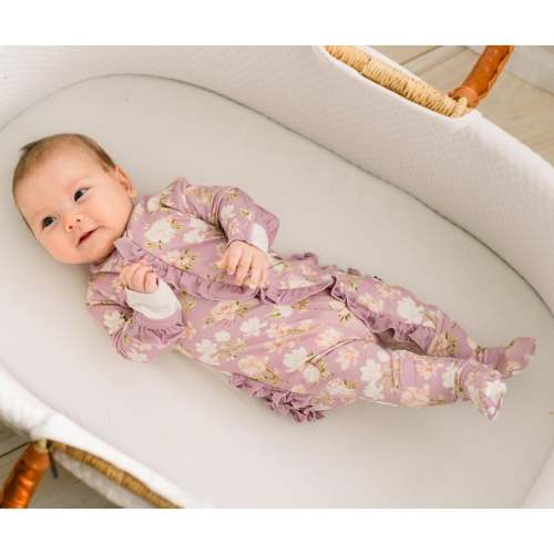 Print Layette Ruffle Footie with 2 Way Zipper in Sweet Pea Spring Floral