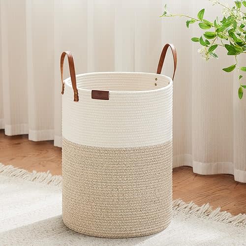 VIPOSCO Small Laundry Basket, Slim Baby Hamper with Leather Handle, Cute Woven Rope Storage Basket for Blanket, Kids Toy, Clothes In Living Room, Bathroom, Bedroom, Nursery Room - 30L White & Brown
