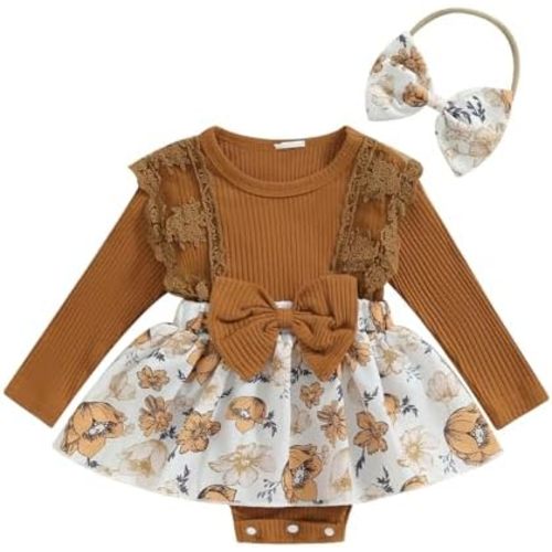 CIYCUIT Baby Girl Fall Winter Outfits Floral Romper Dress Ruffle Long Sleeve Clothes with Bow Headband