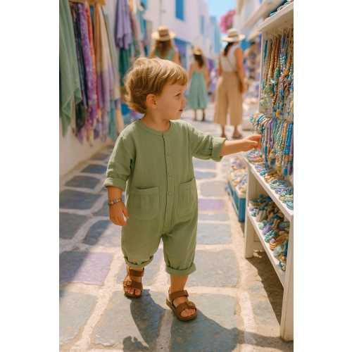 Organic Sage Green Muslin Romper – Comfy Summer Outfit for Vacation & Beach Days – Unisex Baby Jumpsuit