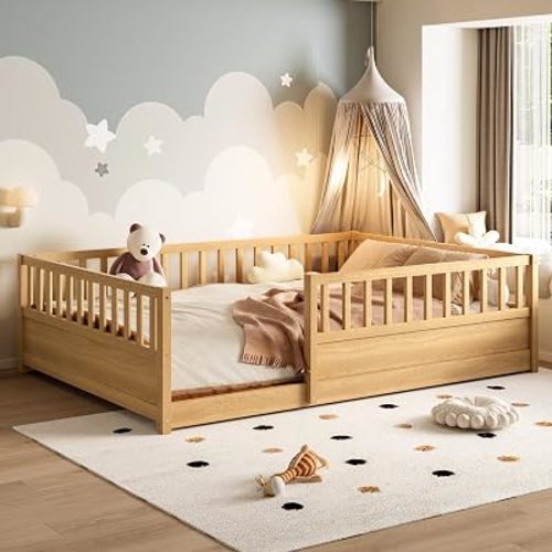 Full Size Floor Bed, Montessori Floor Bedframe with Fence, Wood Bed with Support Slat for Living Room, Natural