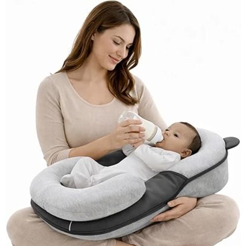 Baby Feeding Pillow - Firm & Secure Adjustable Nursing Pillow with Safety Strap - Baby Body Support Cushion - Grey