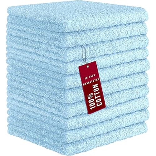 DecorRack 10 Pack 100% Cotton Wash Cloth, Luxurious Soft, 12 x 12 inch Ultra Absorbent, Machine Washable Washcloths, Baby Blue (10 Pack)