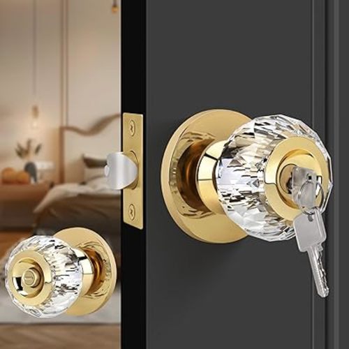 Crystal Door Knobs with Lock and Keys, Interior Crystal Glass Door Knobs with Privacy Lock Diamond Crystal Door Knob for Bedroom Bathroom, Gold 1 Pack