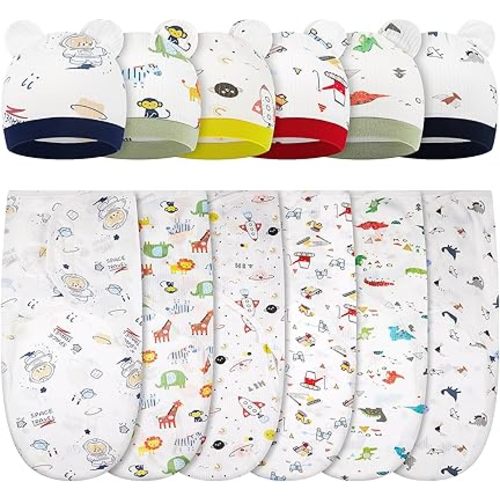 Ramede 6 Pack Swaddle Blanket with Hats for Baby Girl Boy 100% Cotton Swaddles 0-3 Months, Adjustable Breathable Skin Friendly Receiving Blanket Wrap, Essential for Newborns