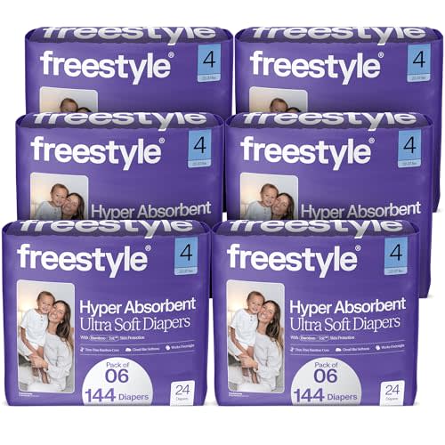 Freestyle BambooTek Diapers – (Size 4) Hyper Absorbent & Non-Toxic – Disposable Diapers for Sensitive Skin – Ultra Soft Diapers (22-37 lbs) – 144 Count