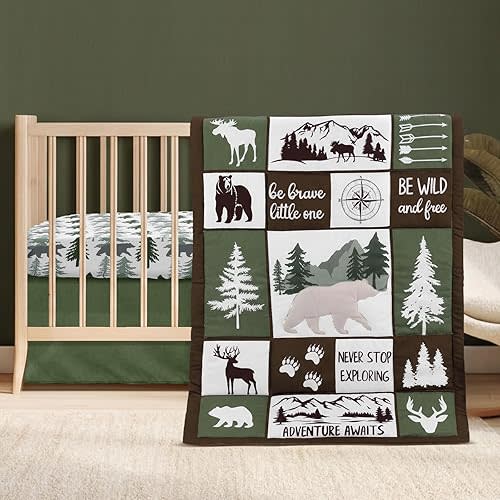 Hahafelt 3 Piece Patchwork Woodland Bear Elk Crib Bedding Set for Baby Boys