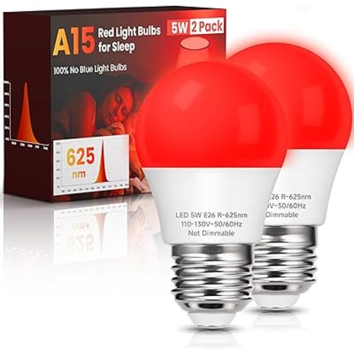 Red Sleep Light Bulbs: A15 5W 625nm Red Light Bulbs for Sleeping, 100% Blue Light Blocking Dim Light Bulbs 40W Equivalent, E26 LED Bulbs for Mood Soothing, Bedroom and Baby Nursery, 2 Pack