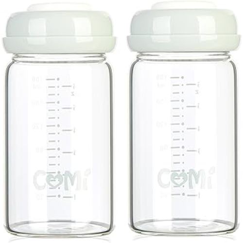 COMI Wide Neck Glass Breastmilk Collection n Storage Bottle, 6oz with Screw Ring Sealing Disk; Re-markable Sealing Disc. BPA Free, Fits Breast Pumps & Nipples (2 Pack Gray Lids)
