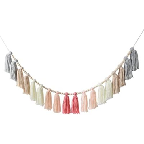 DrCor Pink Grey Yarn Tassel Garland Boho Preppy Bunting Banner Wall Hanging Decor for Fall Classroom Office Birthday Party Nursery Kids Bedroom Baby Shower Decoration
