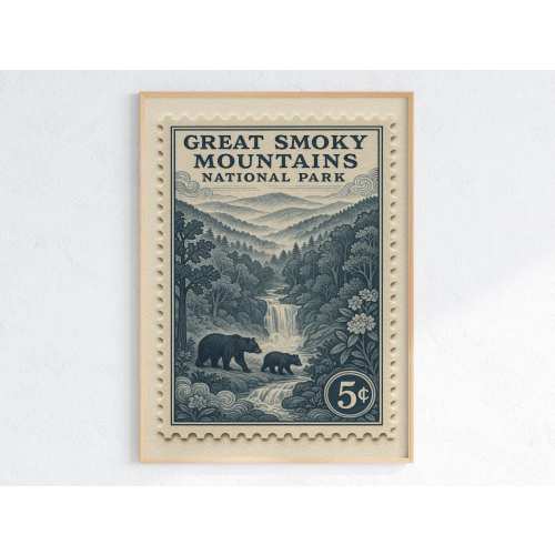 Great Smoky Mountains National Park Vintage Stamp Poster – Retro Bear & Waterfall Print – Rustic Appalachian Wall Art for Nature Lovers