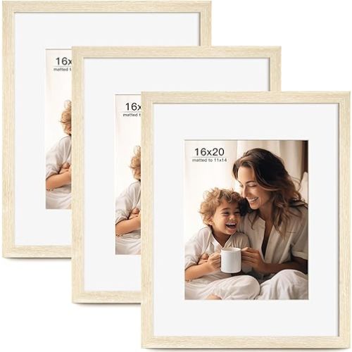 16x20 Picture Frame with Mat for 11x14 Set of 3, Natural Wood Grain 16x20 Frames for Horizontal & Vertical Wall Mounting (3 Pack,Natural)