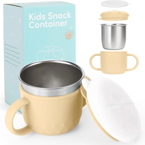 Yellow Mity rain 2-Pack Stainless Steel Snack Containers, 4-in-1 Spill proof Snack Cups With Silicone Lid and Handle, Dishwasher Safe Travel Snack Containers for Kids and Infants (Purple + Gray)