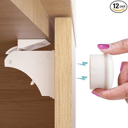 4our Kiddies 12 Pack Child Safety Magnetic Cabinet Locks with 2 Keys, No Drill Baby Proofing Drawer Locks for Baby Safety, Invisible Adhesive Magnetic Cupboard Locks for Kitchen Cabinet and Drawers