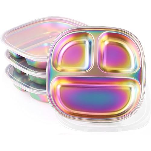 Stainless Steel Kids Plates 4 Packs, Portion Control Divided Plate with Lids, Non Toxic Unbreakable Toddlers Baby Dinner Dishes, Square Camping Metal Food Tray, Colorful