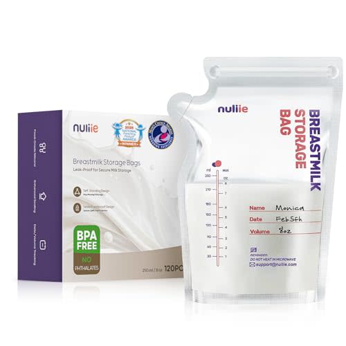 Nuliie 120 Pcs Breastmilk Storage Bags, 8 OZ Breast Milk Storing Bags, BPA-Free, Milk Storage Bags with Pour Spout for Breastfeeding, Self-Standing Bag, Space Saving Flat Profile