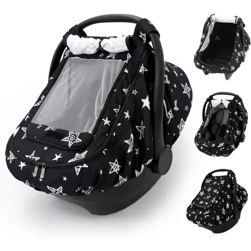 Car Seat Cover Baby Boy, Infant Car Seat Canopy Outdoor, 2 Layers with Mesh and Sun Shade Window for Summer Winter, Easy Access Carseat Covers Snug Fit Baby Stroller - Black Star