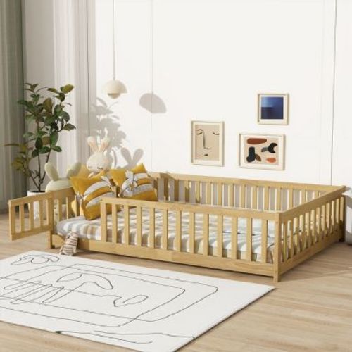 Full Montessori Floor Bed with Fence and Door, Natural Solid Wood Platform with Guardrails for Toddlers and Kids Bedroom-3irtyhousy