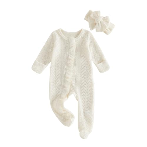 Newborn Baby Girl Fall Winter Clothes Ruffle Romper Coming Home Outfit | Soft Cotton Knit, Zip Front, Footed W/ Mitten Cuffs, Diaper Gusset, Side Ruffle, Includes Headband, Warm & Photo-ready