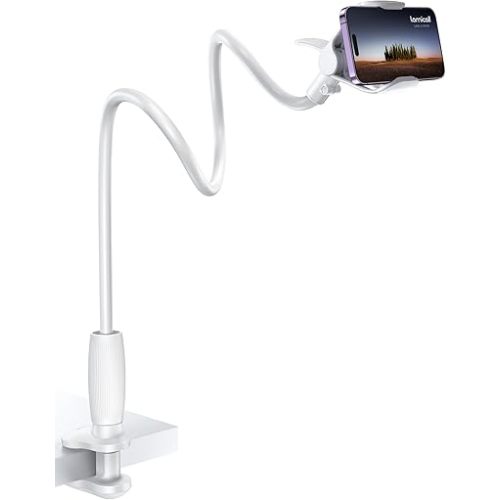 Lamicall Gooseneck Phone Holder for Bed - 360 Adjustable Clamp Clip, Overhead Cell Phone Mount Stand for Desk, Compatible with All Cellphone, White