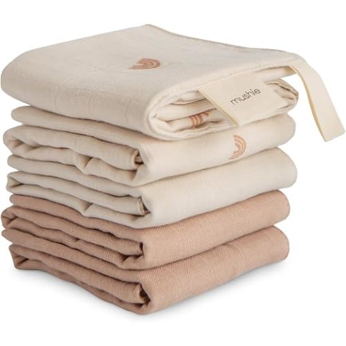 mushie Muslin Organic Cotton Washcloths 5-Pack (Rainbow Combo) | Soft Wipes for Baby Cleanups and Bathing