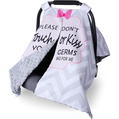 Metplus 2 in 1 Baby Car Seat Cover, Car Seat Canopy for Babies, Mom Nursing Cover, Minky Baby Carrier Covers, Newborn Boy Girl Shower Gift, Peekaboo Opening & No Touch Sign, Grey Stripes