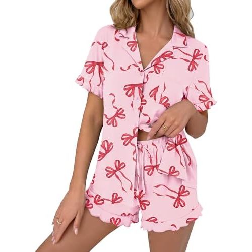 Ekouaer Pajamas Set for Women Button Down Pjs Lounge Sets Ruffle Sleepwear