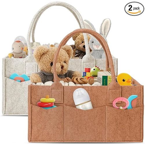 HIPHOP PANDA 2-Pack Diaper Caddy Organizer - Nursery Storage Bin & Car Organizer for Diapers, Wipes, and Baby Essentials - Dual-Color Solid Set (Caramel/Oatmeal), Regular Size
