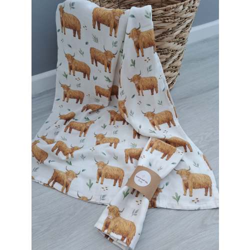 Highland Cow Muslin Square & Swaddle - Organic Cotton Baby Blanket | Doreen and Ada