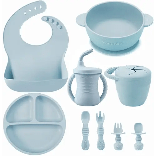 PandaEar Silicone Baby Feeding Set | 9PCS Baby Led Weaning Supplies Self Feeding Utensils | Divided Suction Plate Bowl Bibs Sippy Cup with Baby Snack Container Spoons Forks (Blue)