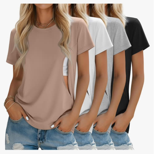 4 Pack Women's Nursing Breastfeeding Shirts with Zipper Loose Fit Short Sleeve Maternity Top Nursing Clothes